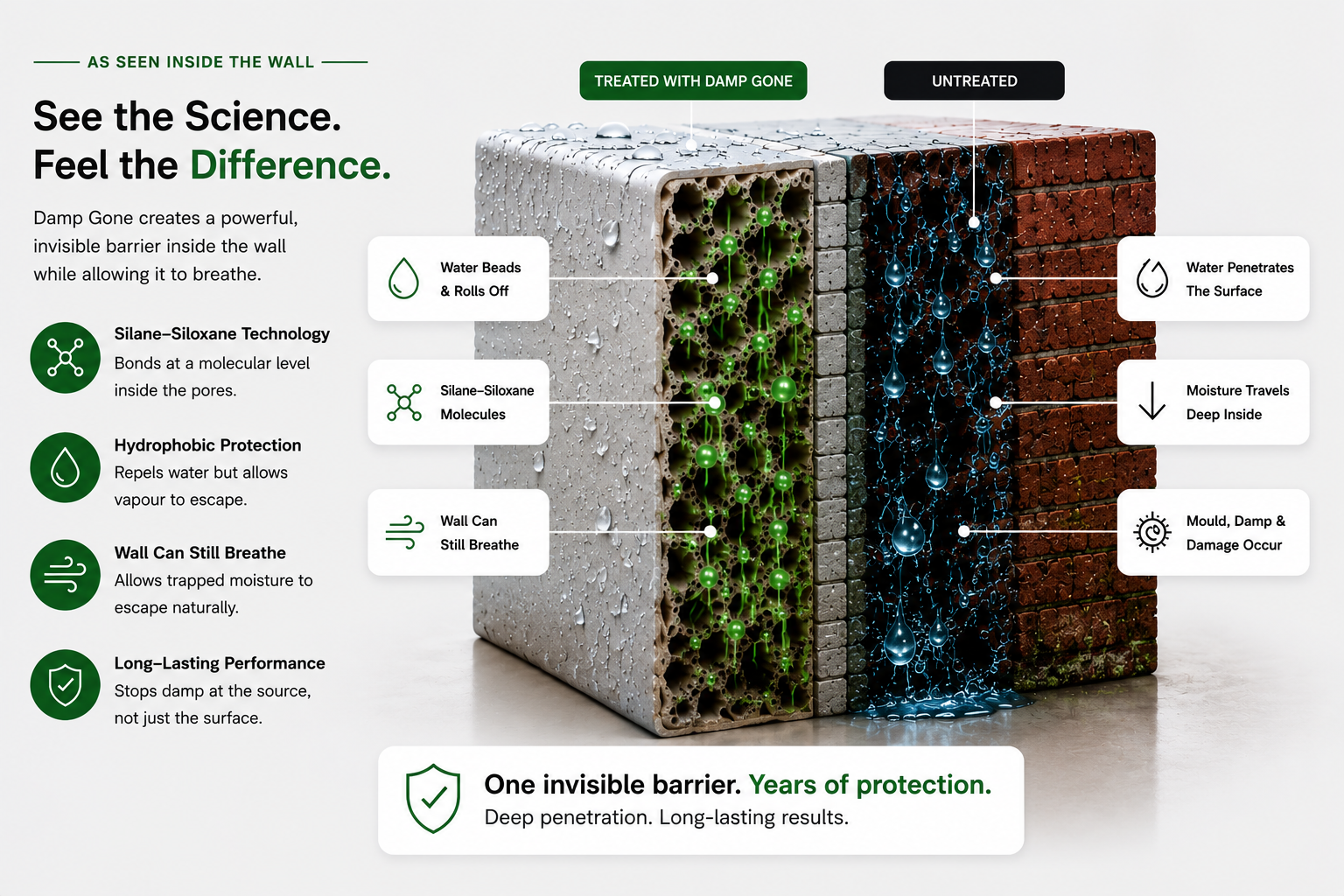 See the Science — treated wall beads water while untreated wall absorbs moisture, causing damp and mould.