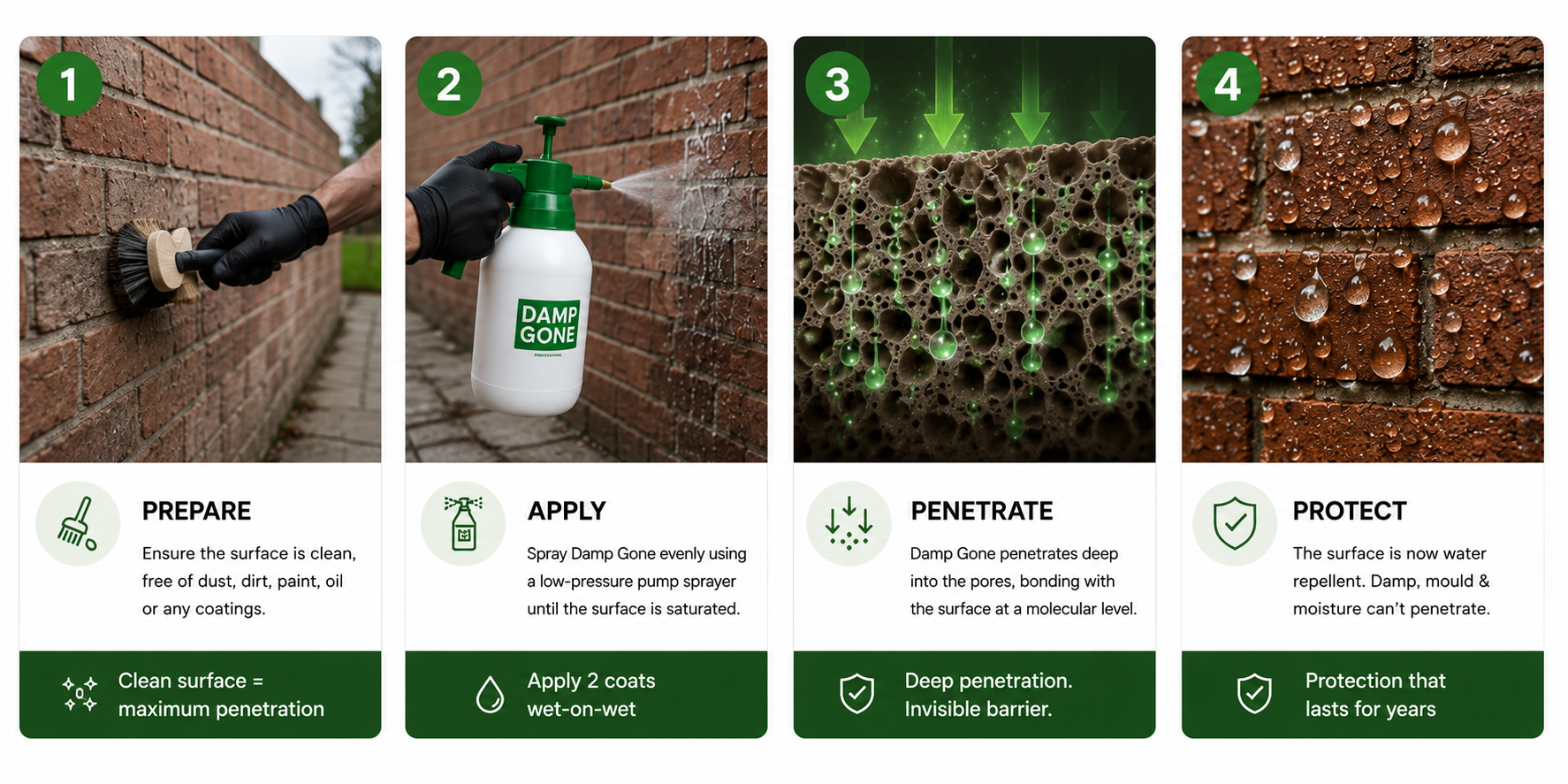 How Damp Gone works — Prepare, Apply, Penetrate, Protect